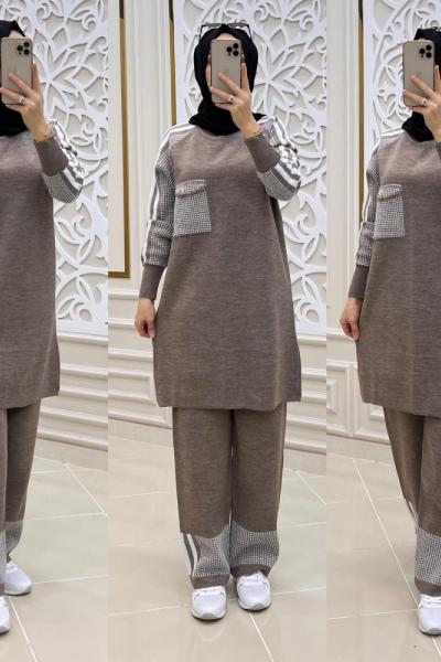 Yamalı İkili Tesettür Takım  Vizon