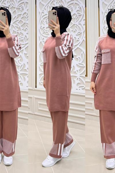 Yamalı İkili Tesettür Takım  Gül