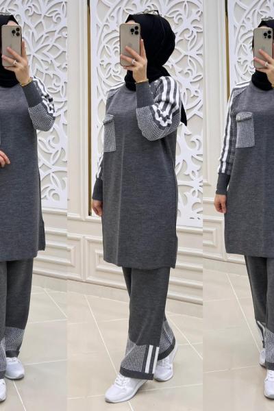 Yamalı İkili Tesettür Takım  Gri