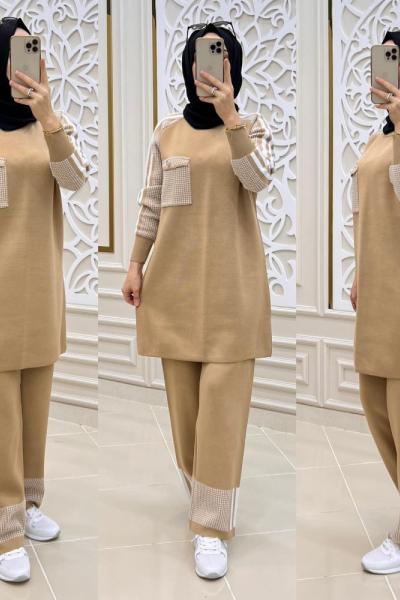 Yamalı İkili Tesettür Takım  Camel