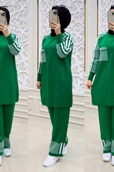 Yamalı İkili Tesettür Takım  Yeşil