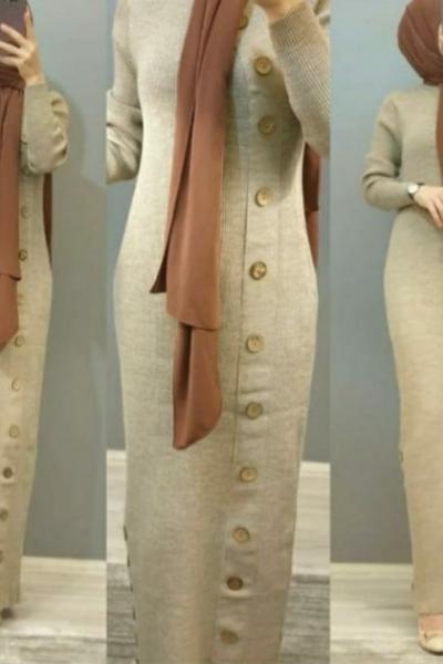 Yan Düğmeli Triko Elbisem  Taş Rengi