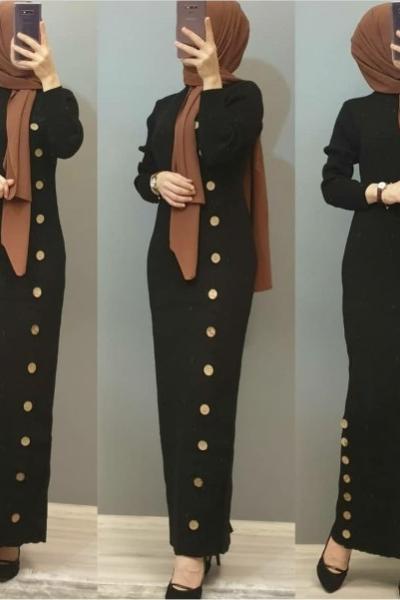 Yan Düğmeli Triko Elbisem  Siyah