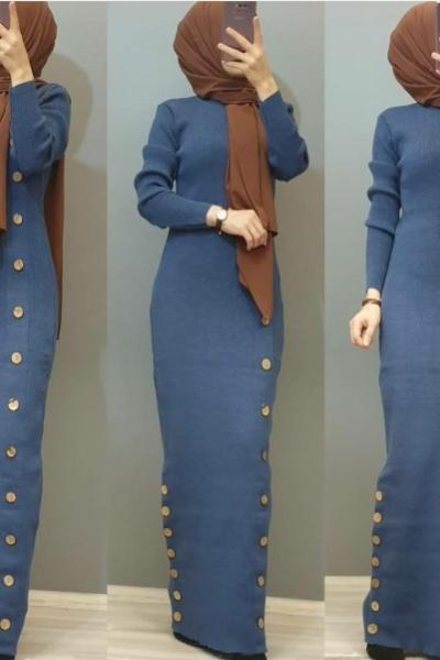 Yan Düğmeli Triko Elbisem  Gök Mavi