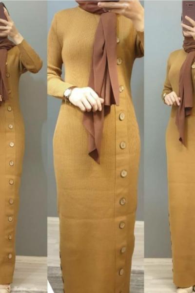 Yan Düğmeli Triko Elbisem  Taba