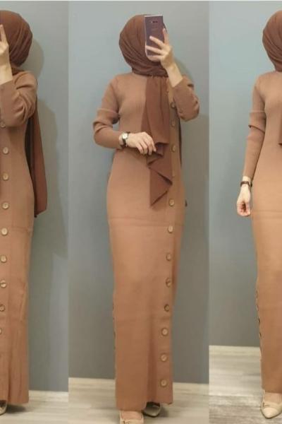 Yan Düğmeli Triko Elbisem  Pudra