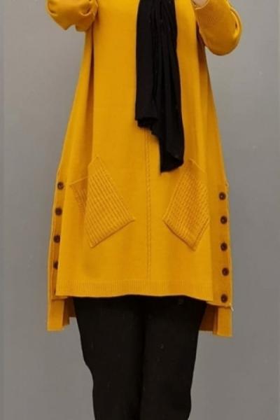 Yanları Cepli Triko Tuniğim Sarı
