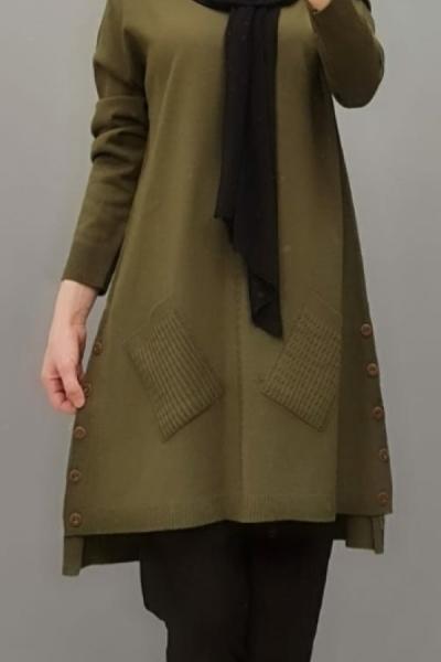 Yanları Cepli Triko Tuniğim Haki