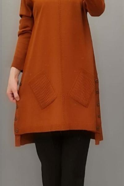 Yanları Cepli Triko Tuniğim Kiremit