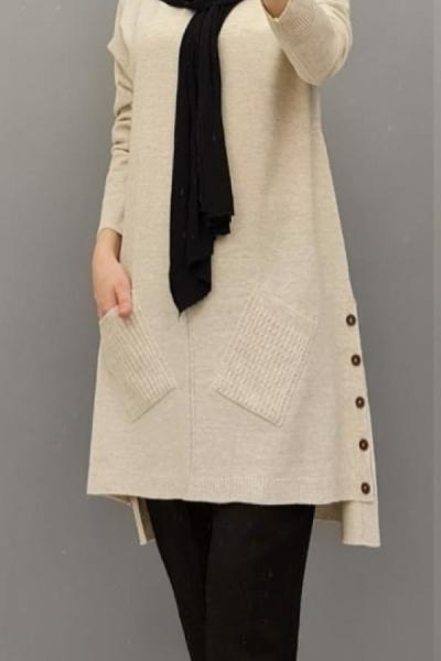 Yanları Cepli Triko Tuniğim Krem