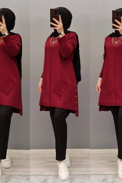 Yanları Cepli Triko Tuniğim Bordo