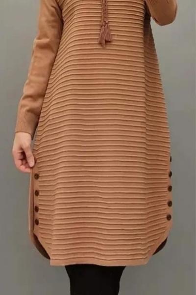 Yanları Düğmeli Triko Tuniğim Gül