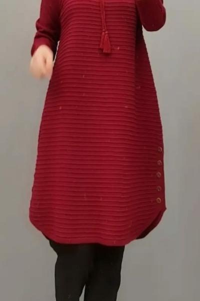 Yanları Düğmeli Triko Tuniğim Bordo
