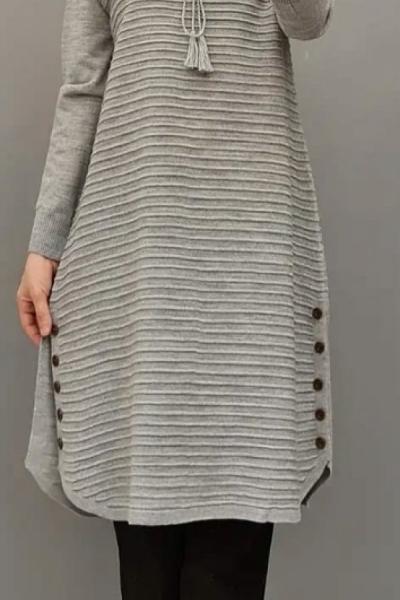 Yanları Düğmeli Triko Tuniğim Gri