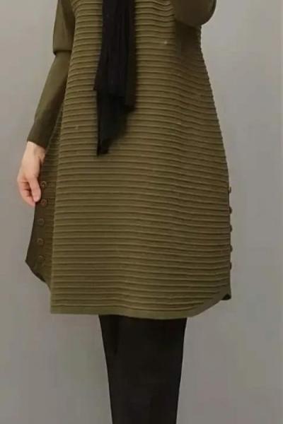 Yanları Düğmeli Triko Tuniğim Haki