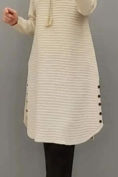 Yanları Düğmeli Triko Tuniğim Krem