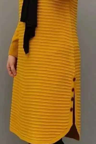 Yanları Düğmeli Triko Tuniğim Sarı