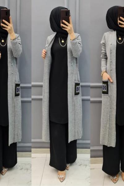 Yanları Halkalı Triko Hırkam Gri