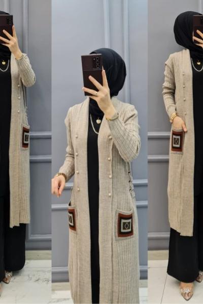 Yanları Halkalı Triko Hırkam Vizon