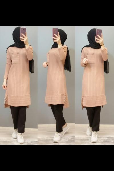 Yeni Mod Çizgili Tuniğim Pudra