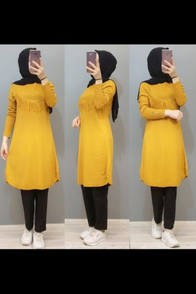 Yeni Model Triko Tunik  Hardal Sarısı