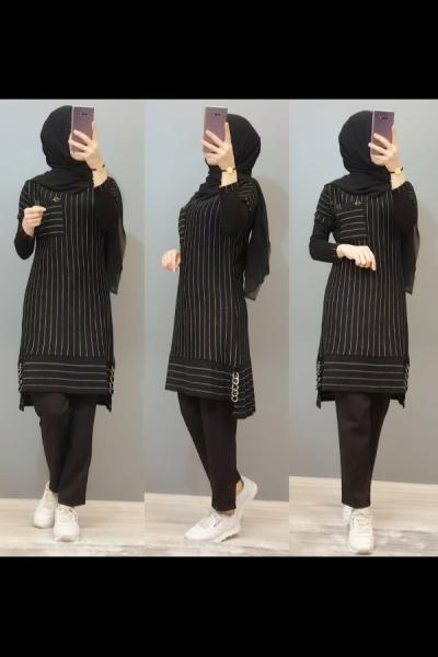 Yeni Model Çizgili Tuniğim Siyah