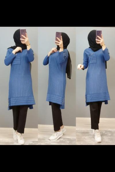 Yeni Model Çizgili Tuniğim Mavi