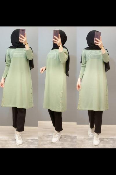 Yeni Model Düğmeli Tuniğim Fıstık Yeşili