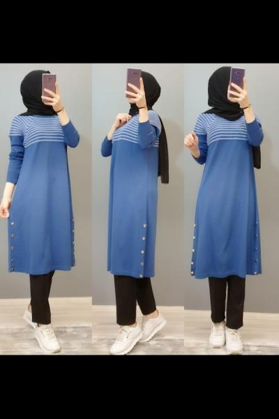 Yeni Model Düğmeli Tuniğim Mavi