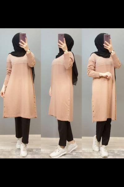Yeni Model Düğmeli Tuniğim Pudra