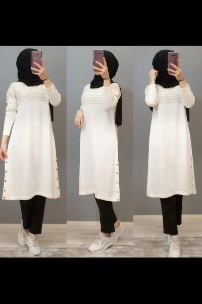 Yeni Model Düğmeli Elbisem Beyaz