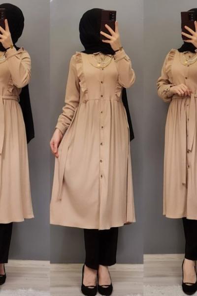Yeni Model Düğmeli Tuniğim Taş Rengi