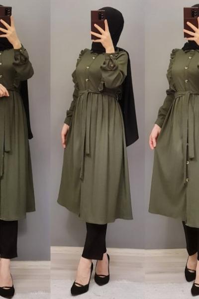 Yeni Model Düğmeli Tuniğim Haki