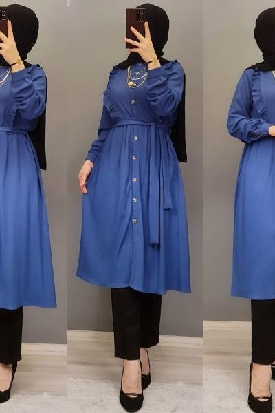 Yeni Model Düğmeli Tuniğim Saks Mavisi