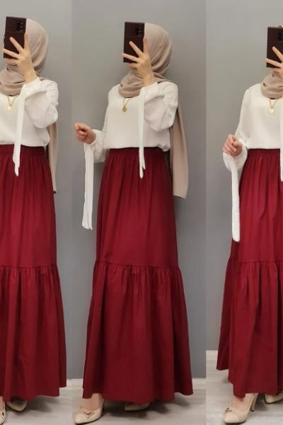 Yeni Model Keten Eteğim Bordo