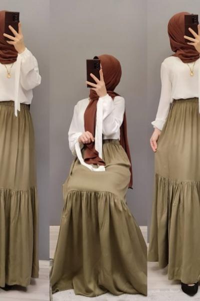 Yeni Model Keten Eteğim Haki