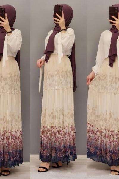 Yeni Model Piliseli  ÇİÇEKLİ Eteğim Mürdüm