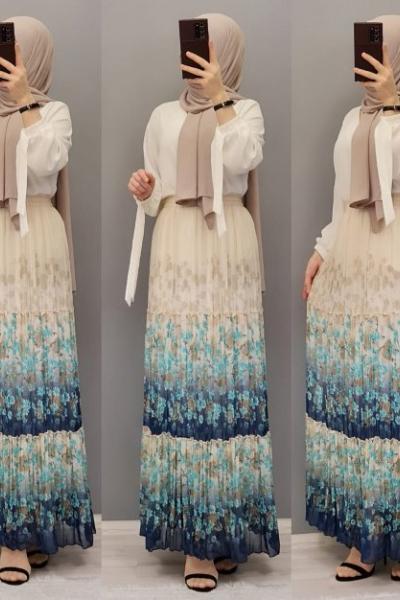 Yeni Model Piliseli ÇİÇEKLİ Eteğim Mavi