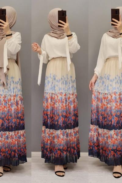 Yeni Model Piliseli ÇİÇEKLİ Eteğim Ekru Turuncu