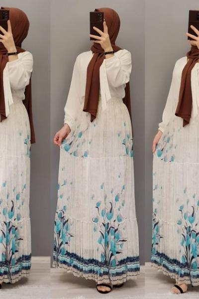 Yeni Model LALE DESENLİ Şifon Eteğim Mavi