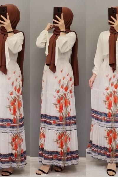 Yeni Model LALE DESENLİ Şifon Eteğim Kırmızı