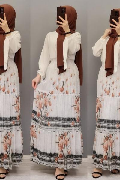 Yeni Model LALE DESENLİ Şifon Eteğim Pudra
