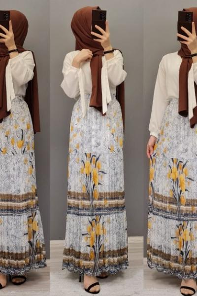 Yeni Model LALE DESENLİ Şifon Eteğim Sarı