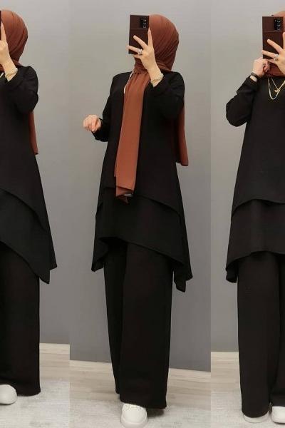 Yeni Model Katlı Ayrobin Tuniğim Siyah