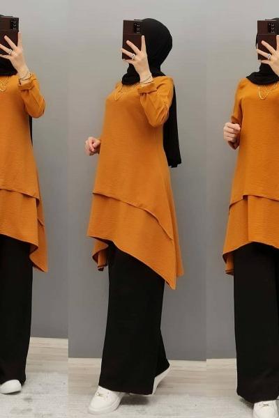 Yeni Model Katlı Ayrobin Tuniğim Hardal Sarısı