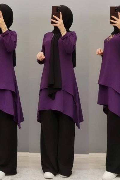 Yeni Model Katlı Ayrobin Tuniğim Mor