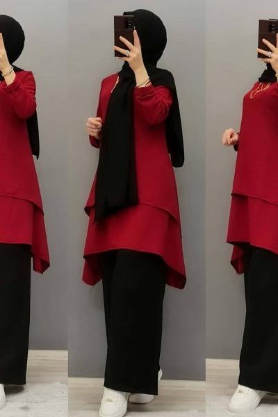 Yeni Model Katlı Ayrobin Tuniğim Kırmızı