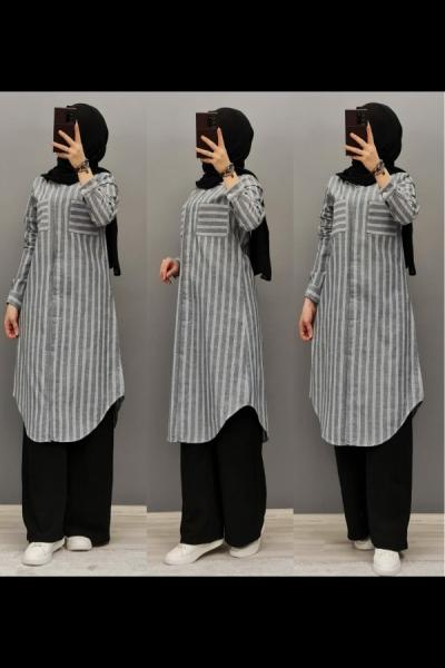 Yeni Model Cepli Tuniğim Çizgili Gri