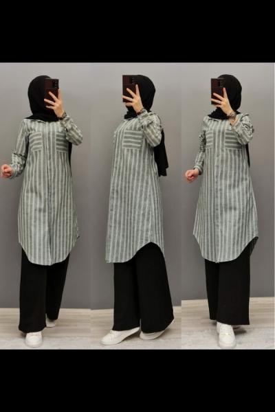 Yeni Model Cepli Tuniğim Çizgili Yeşil