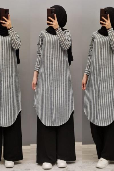 Yeni Model Tuniğim Çizgili Gri
